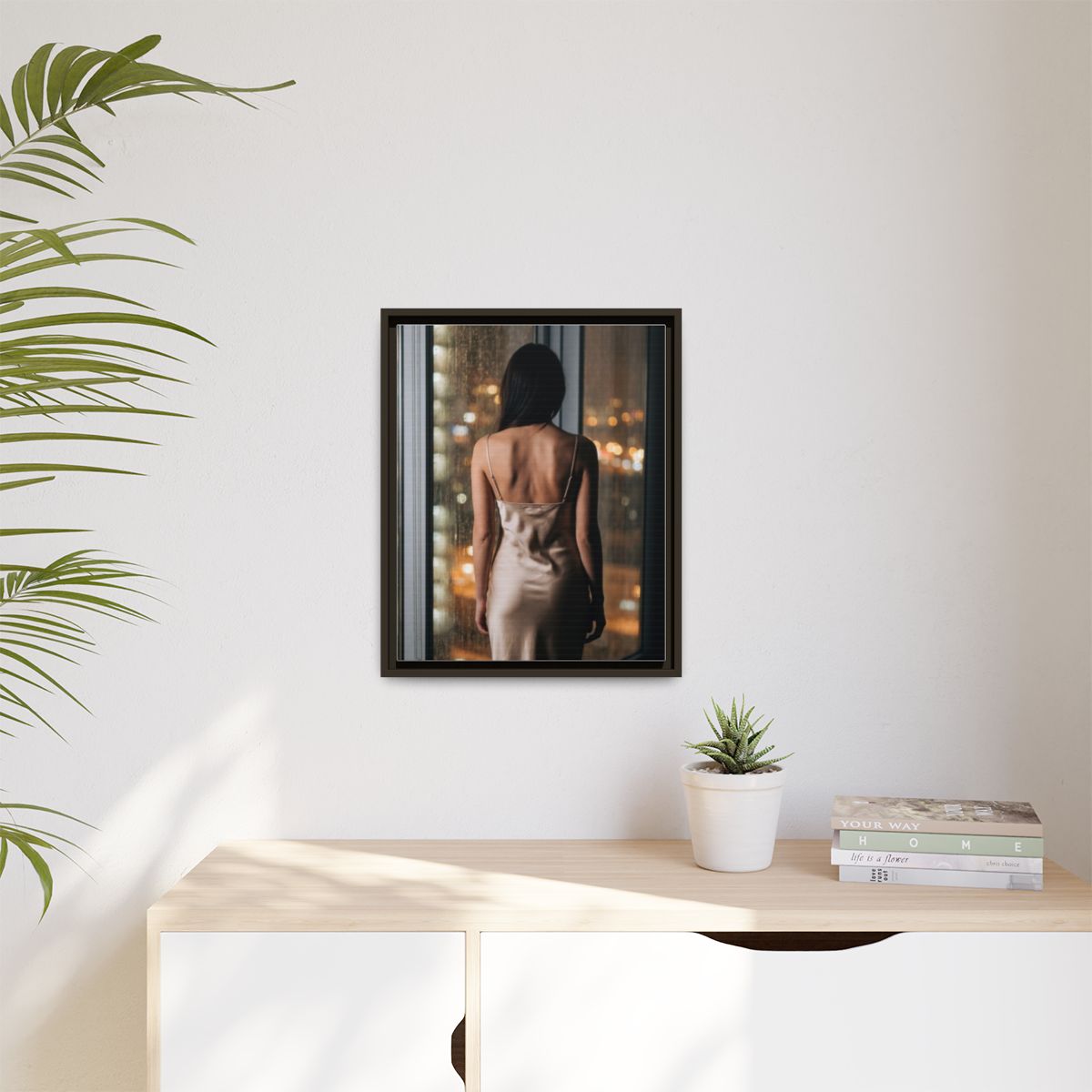Matte Canvas, Framed - Rainy City lights Glow — Espresso /...