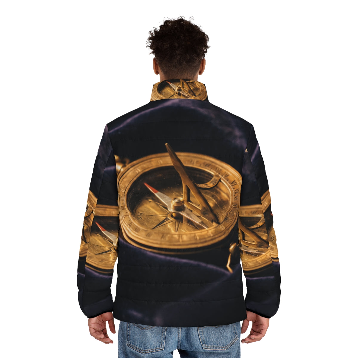 Men's Puffer Jacket Vintage Brass Sundial Art