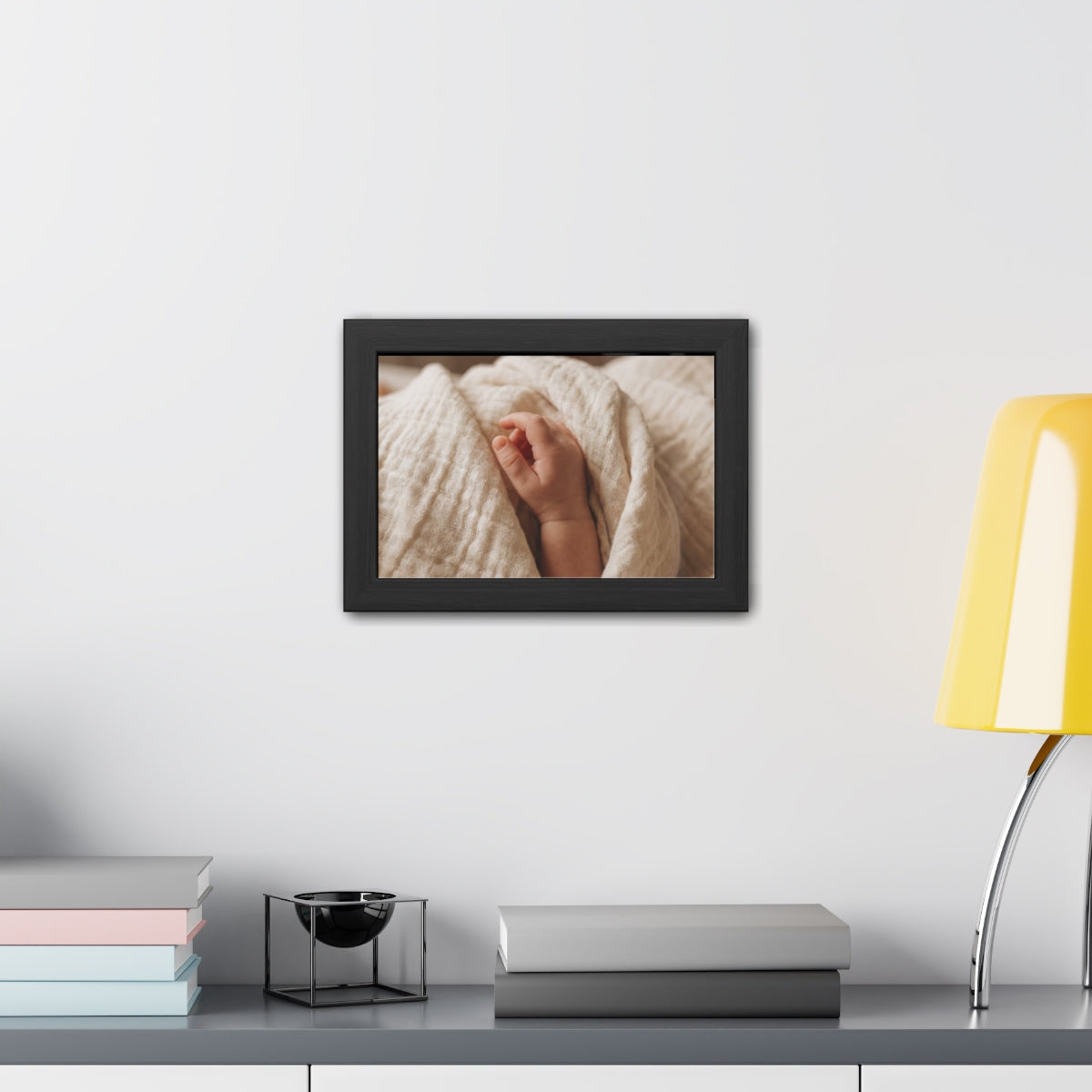 Framed Posters - Tender Newborn Hand in Soft Muslin Blanket...