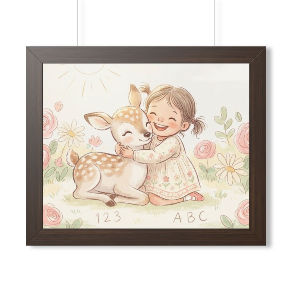 Framed Horizontal Poster - Gentle Hug Meadow Deer Art —... |...