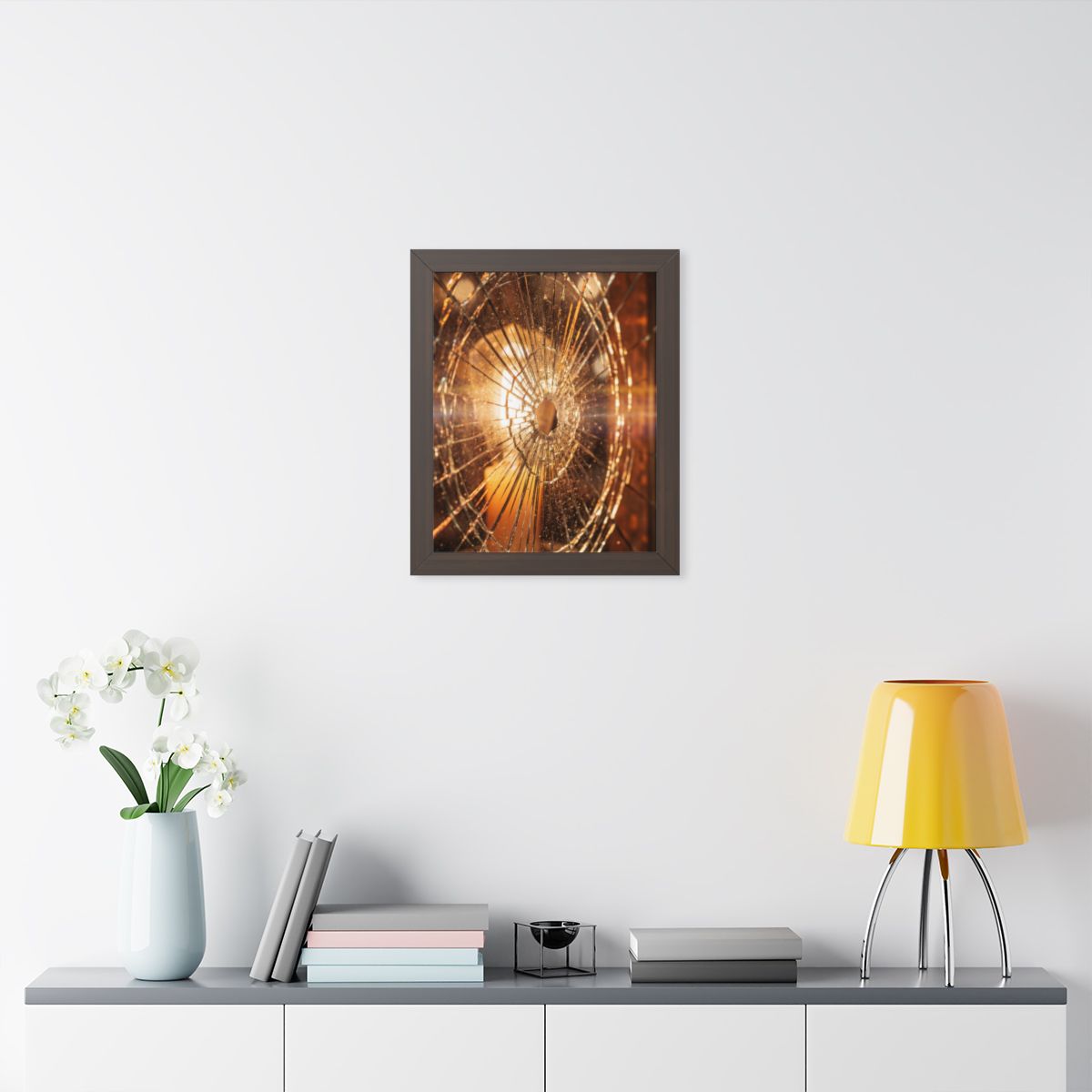 Framed Vertical Poster - Shattered Amber Glass Art — Walnut...