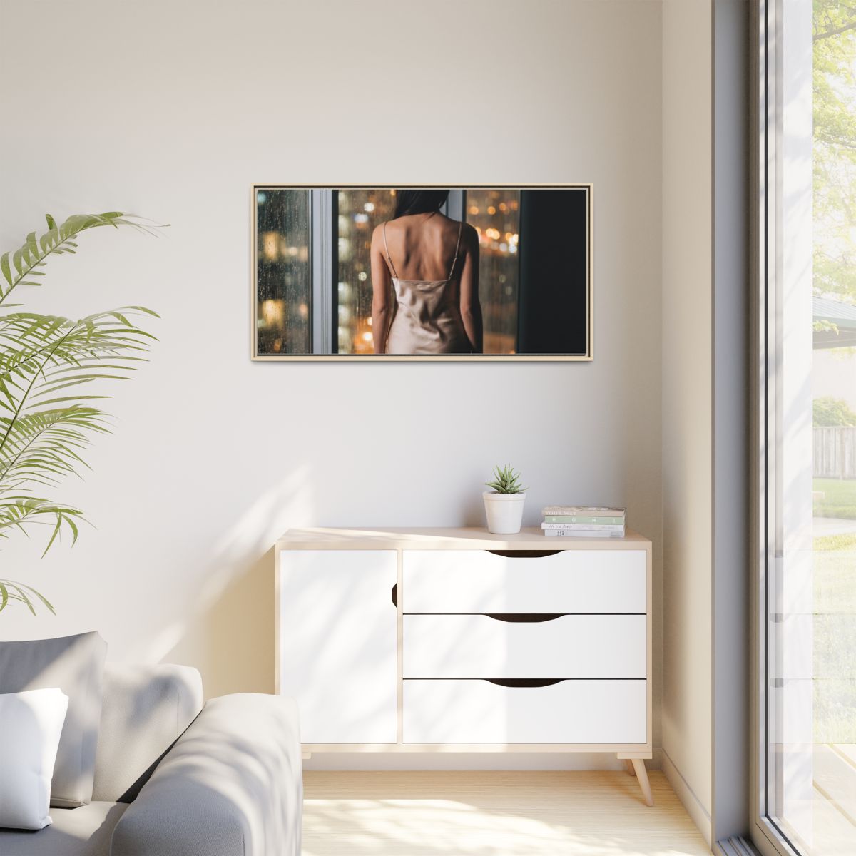 Matte Canvas, Framed - Rainy City lights Glow — Natural /......