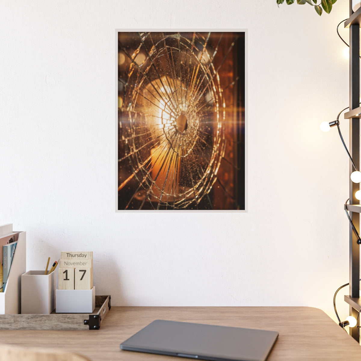 Posters with Wooden Frame - Golden Fractures Shattered Glass...