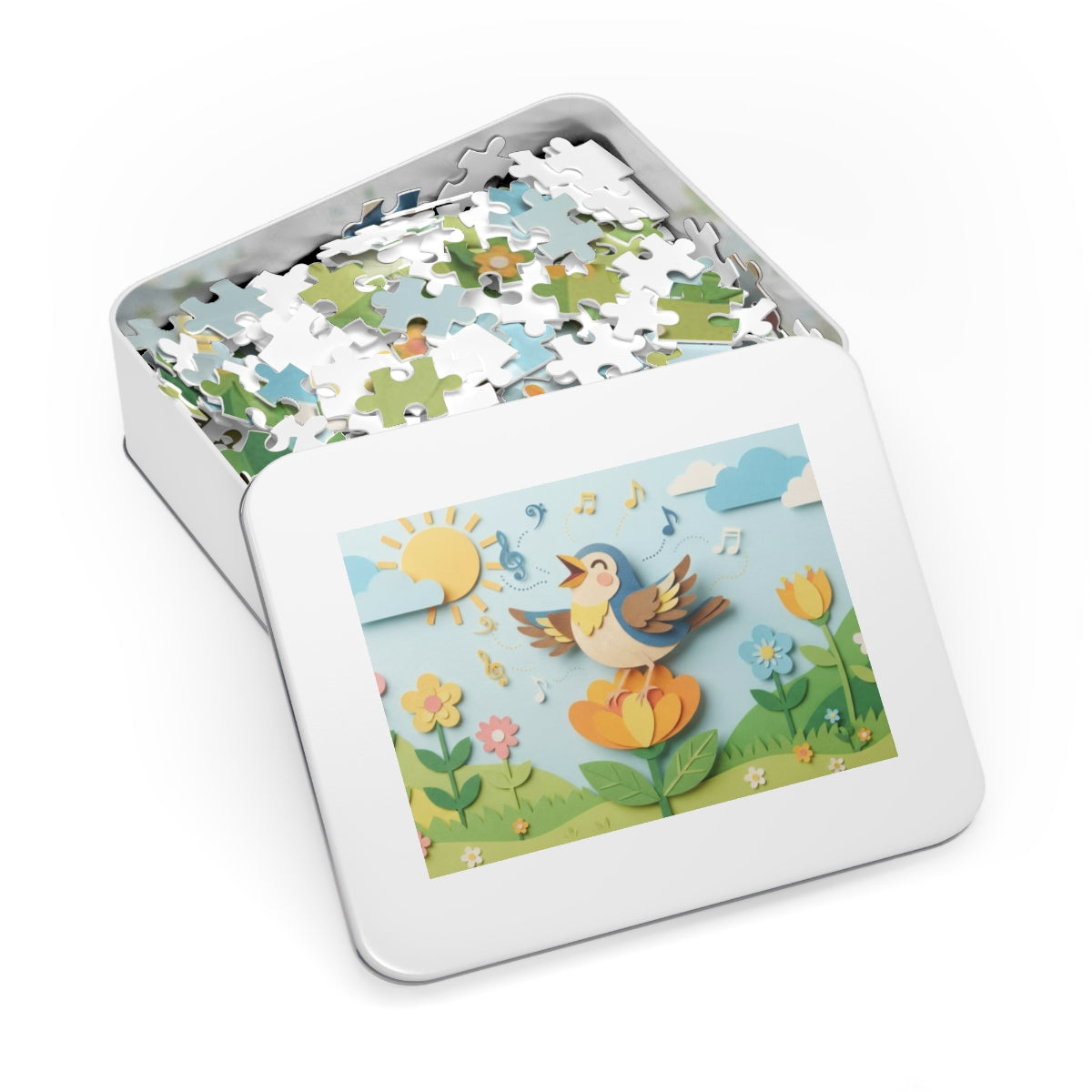 Jigsaw Puzzle with Tin - Papercut Songbird Meadow Canvas Art...