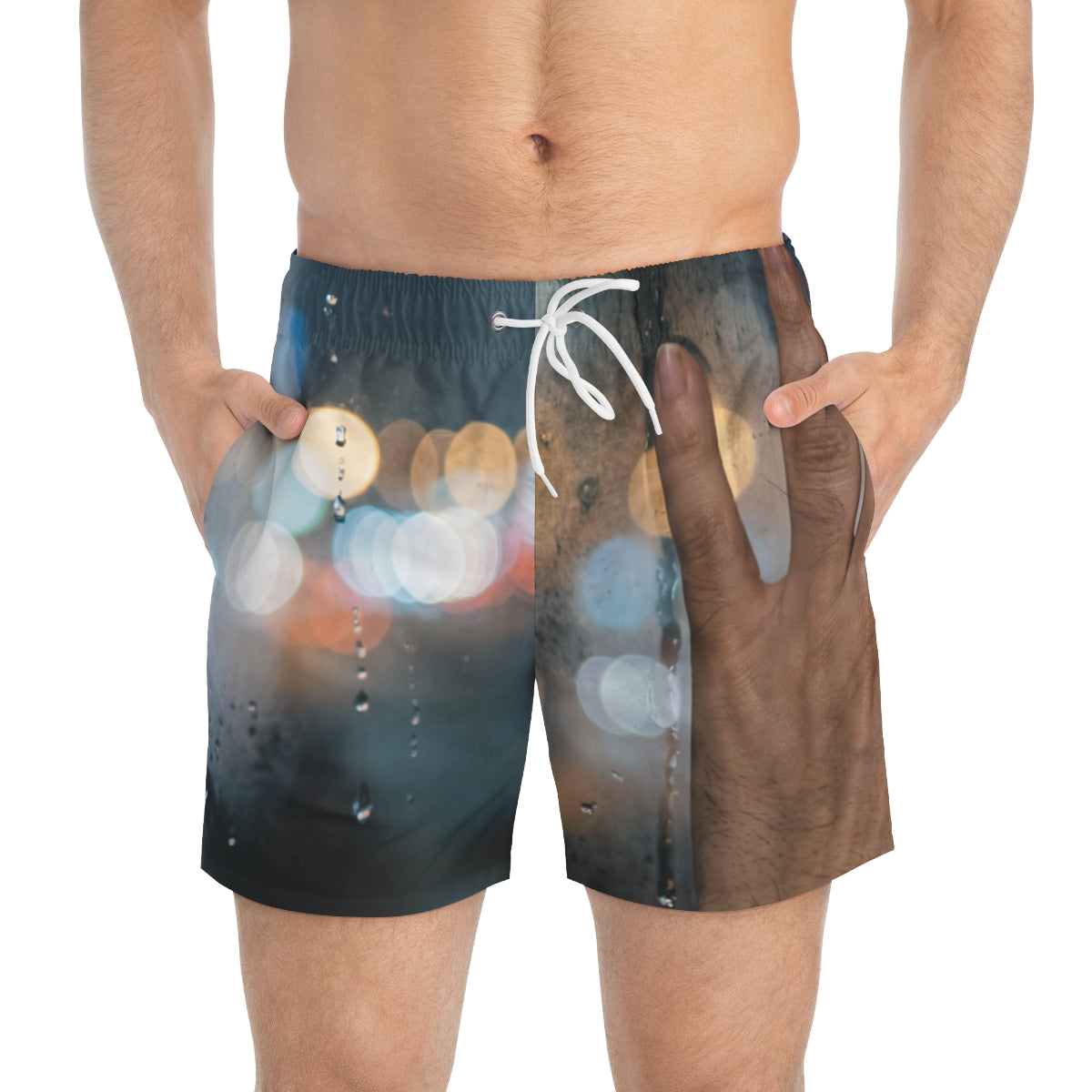 Swim Trunks with Rainy Nocturnal City Art