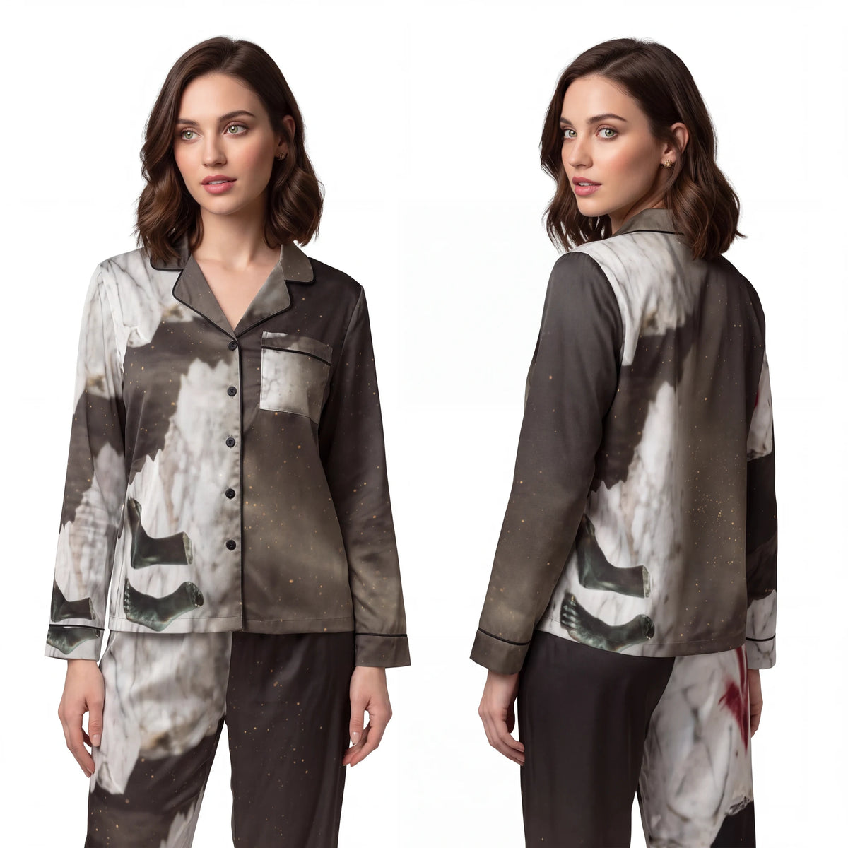 Women's Satin Pajamas with Bronze and Marble Art