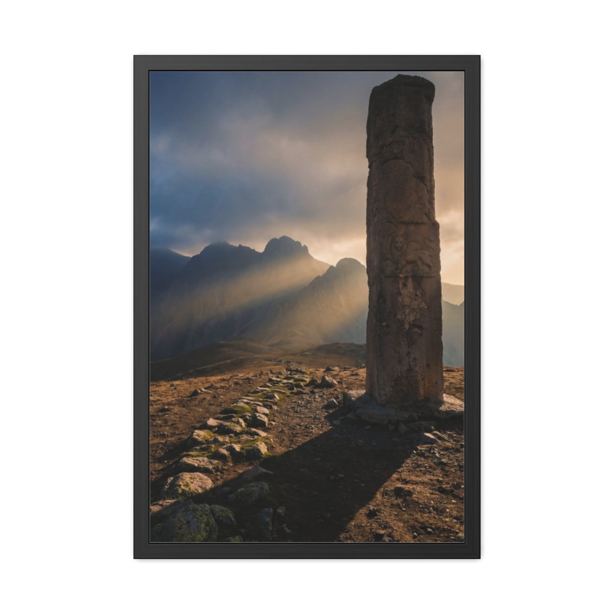 Framed Posters - Ancient Stone Column Mountain Sunset Art......