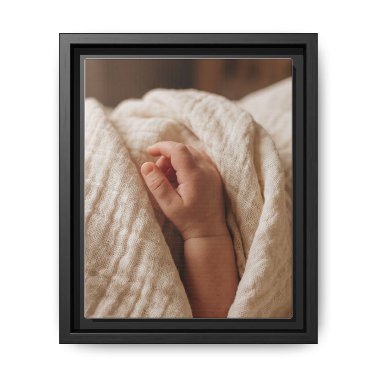 Framed Matte Canvas - Tender Newborn Hand (8×10, 9×12, 11×14, 12×16, 10×20, 12×18, 16×20, 16×24, 18×24, 12×36, 20×24, 16×32, 20×30, 24×30, 24×32, 16×48, 24×36, 24×48, 30×40, 20×60, 32×48, 30×60 & 40×60)