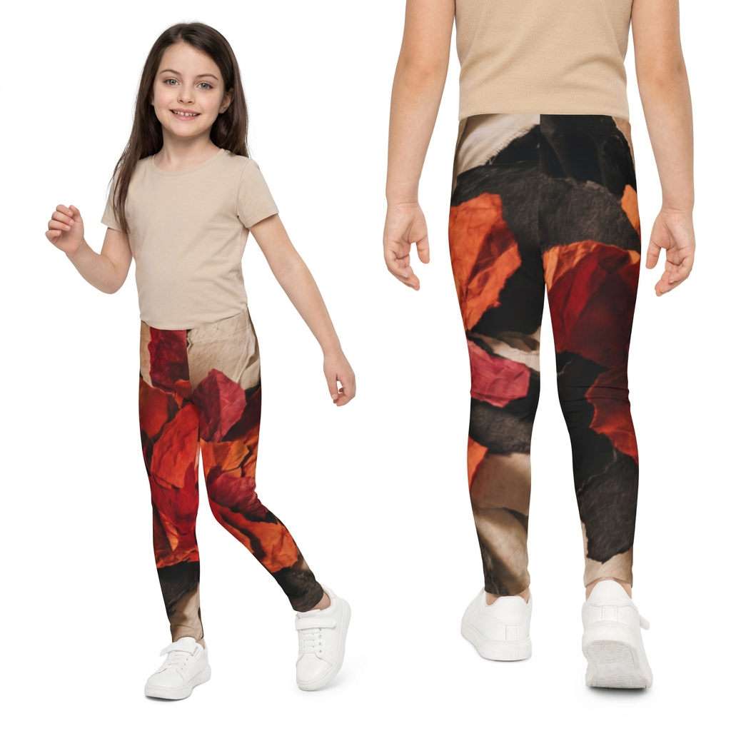 Leggings para niños con arte floral abstracto en carmesí