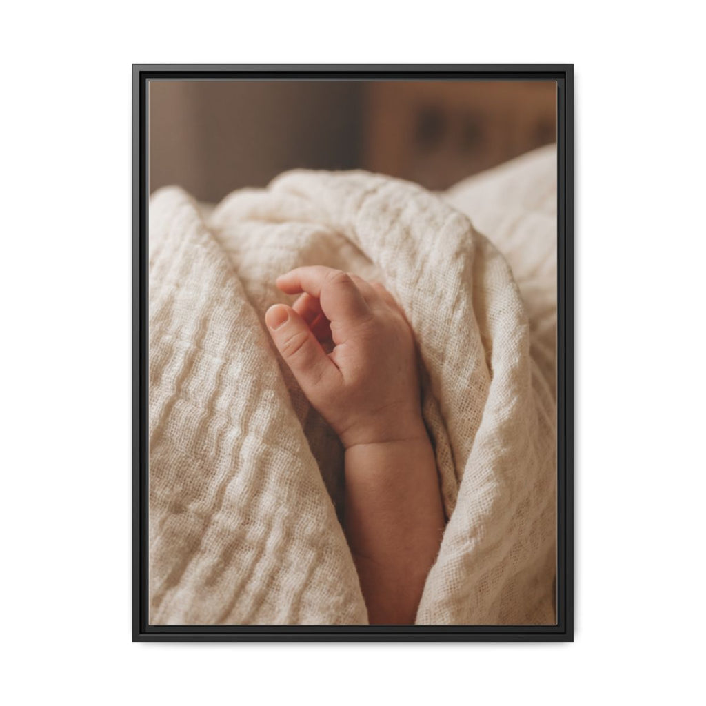 Framed Matte Canvas - Tender Newborn Hand (8×10, 9×12, 11×14, 12×16, 10×20, 12×18, 16×20, 16×24, 18×24, 12×36, 20×24, 16×32, 20×30, 24×30, 24×32, 16×48, 24×36, 24×48, 30×40, 20×60, 32×48, 30×60 & 40×60)
