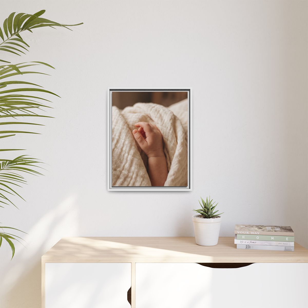Matte Canvas, Framed - Tender Newborn Hand in Soft Muslin......