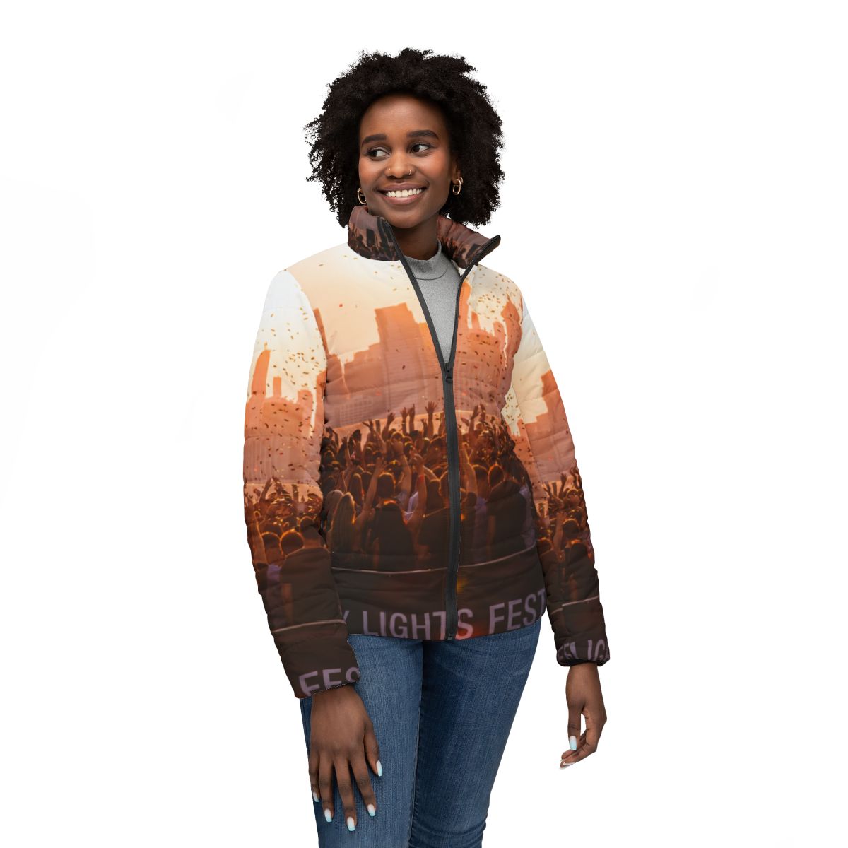 Women's Puffer Jacket - City Lights | Echovira Gallery