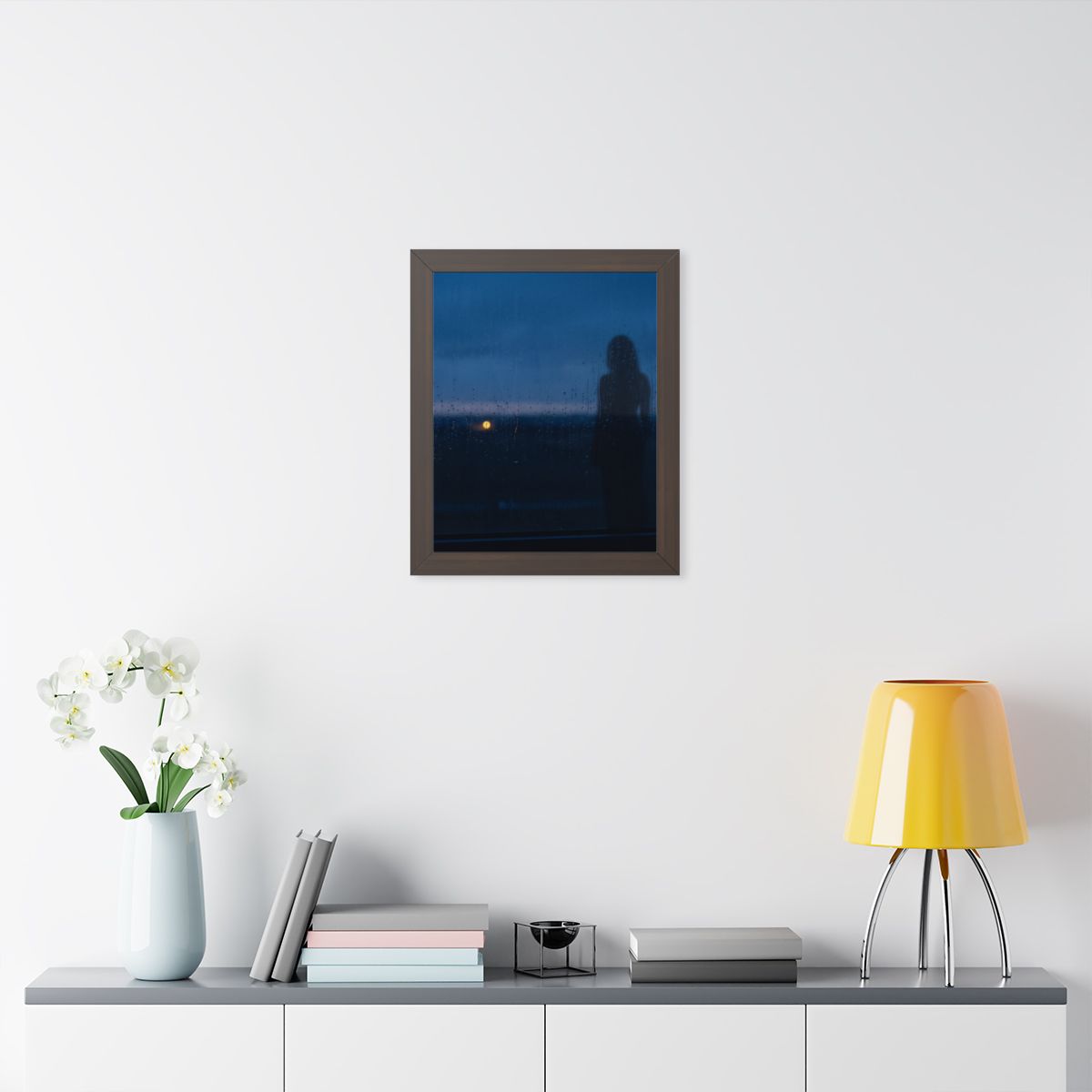 Framed Vertical Poster - Rainy Dusk Silhouette — Walnut... |...