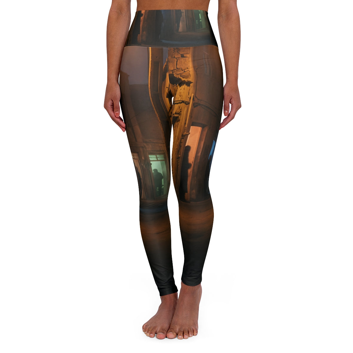 High Waisted Yoga Leggings - Shadowed Alleyway Mystery Art...