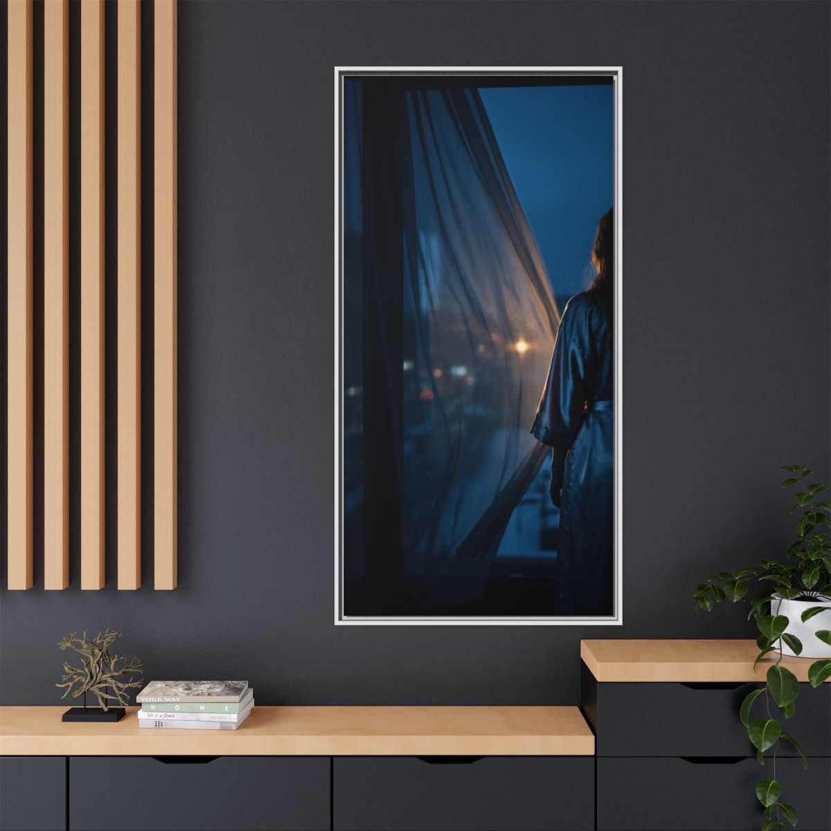 Matte Canvas, Framed - Nocturnal Solitude Silhouette — White...