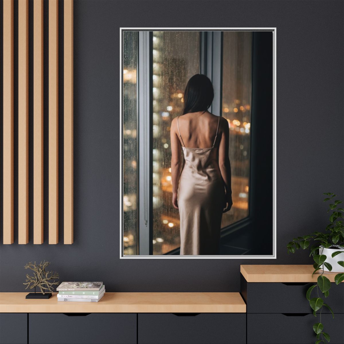 Matte Canvas, Framed - Rainy City lights Glow — White /... |...