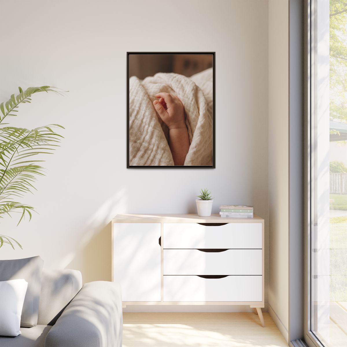 Matte Canvas, Framed - Tender Newborn Hand in Soft Muslin......