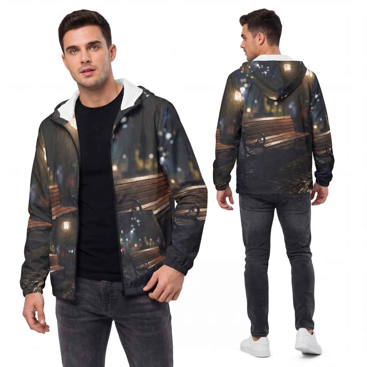 Men's Windbreaker Jacket Rainy Park Bench Scene