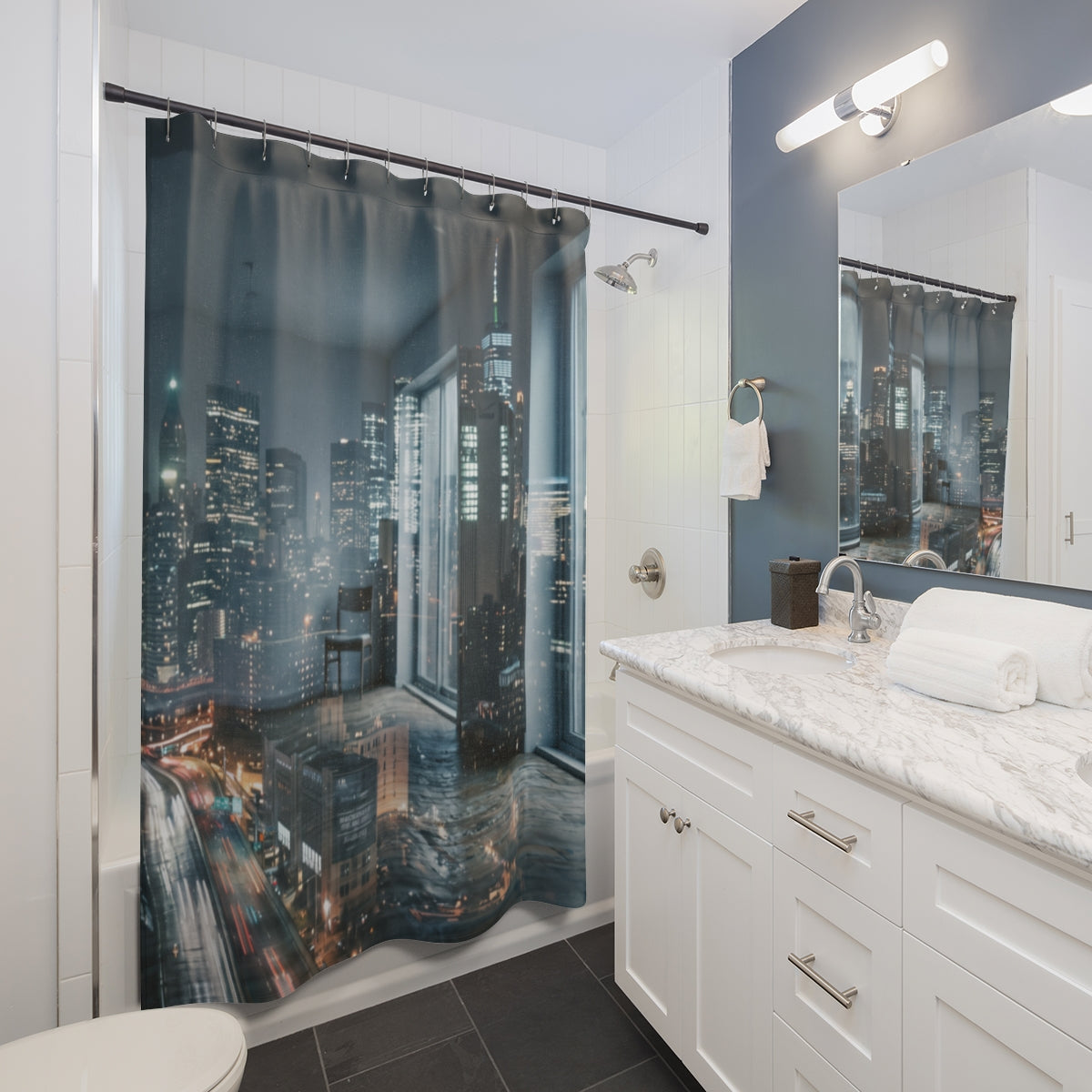 Shower Curtain - Midnight City Skyline | Echovira Gallery