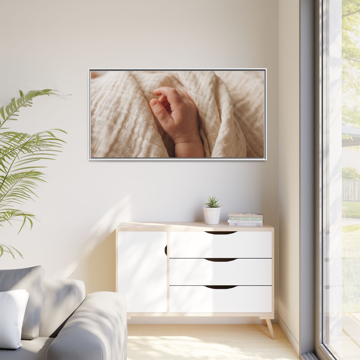 Matte Canvas, Framed - Tender Newborn Hand in Soft Muslin......