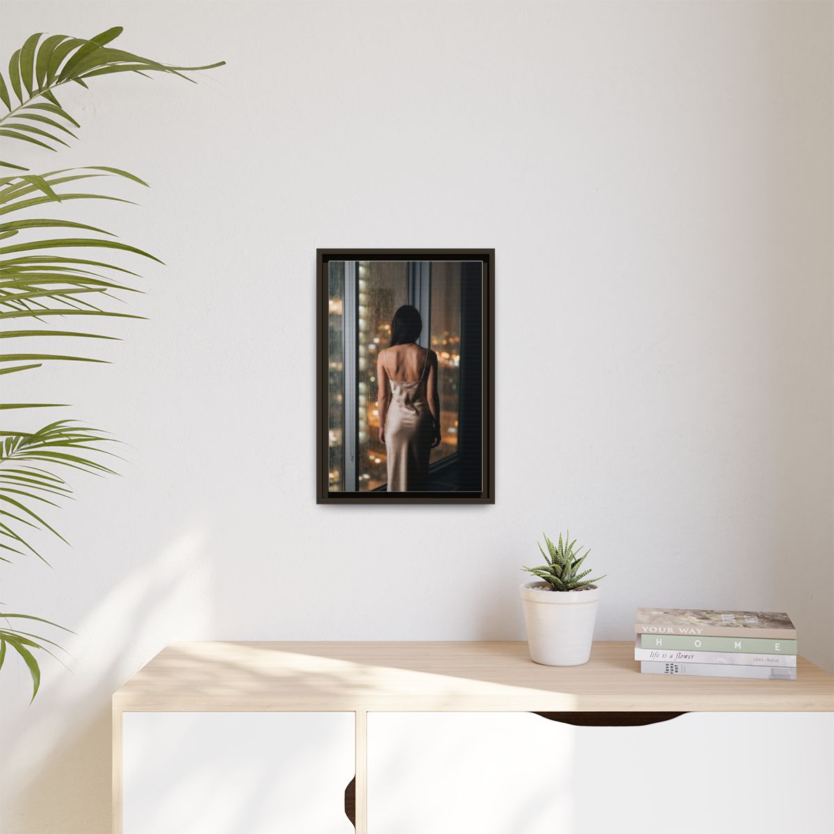 Matte Canvas, Framed - Rainy City lights Glow — Espresso /...
