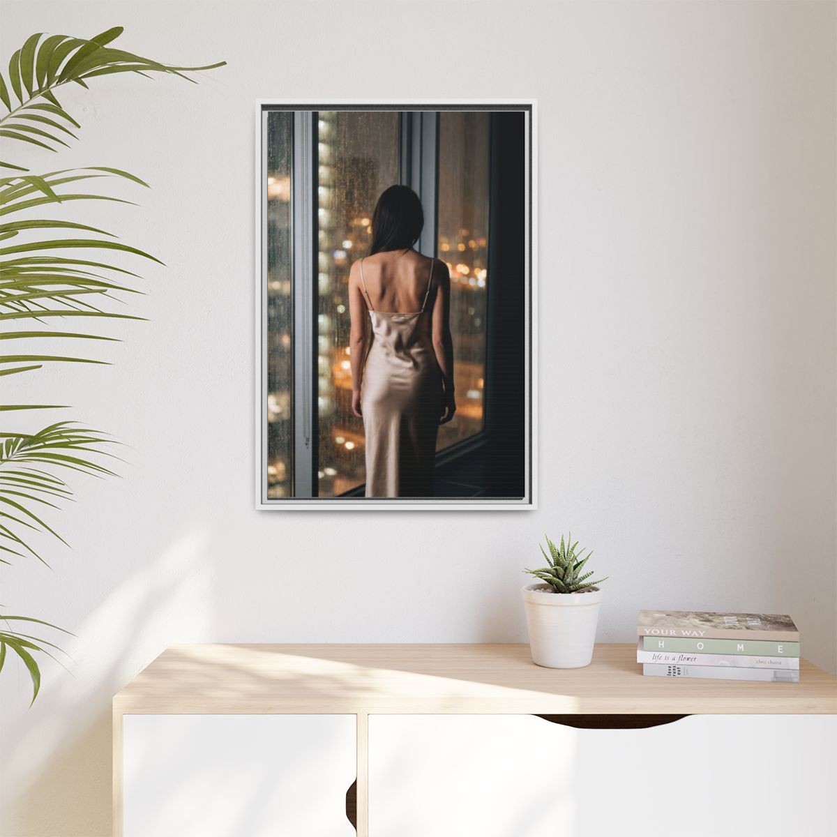Matte Canvas, Framed - Rainy City lights Glow — White /... |...