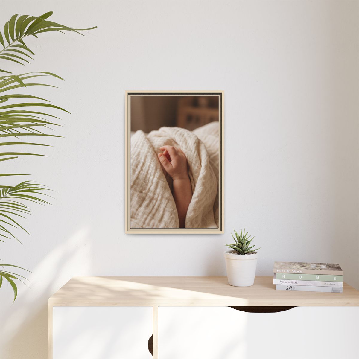 Matte Canvas, Framed - Tender Newborn Hand in Soft Muslin......
