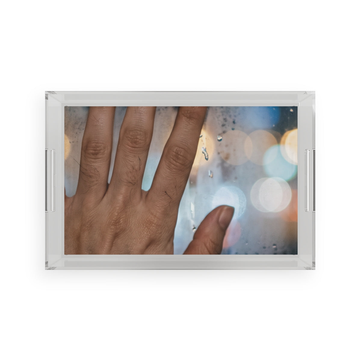 Rainy City Acrylic Serving Tray with Bokeh Art