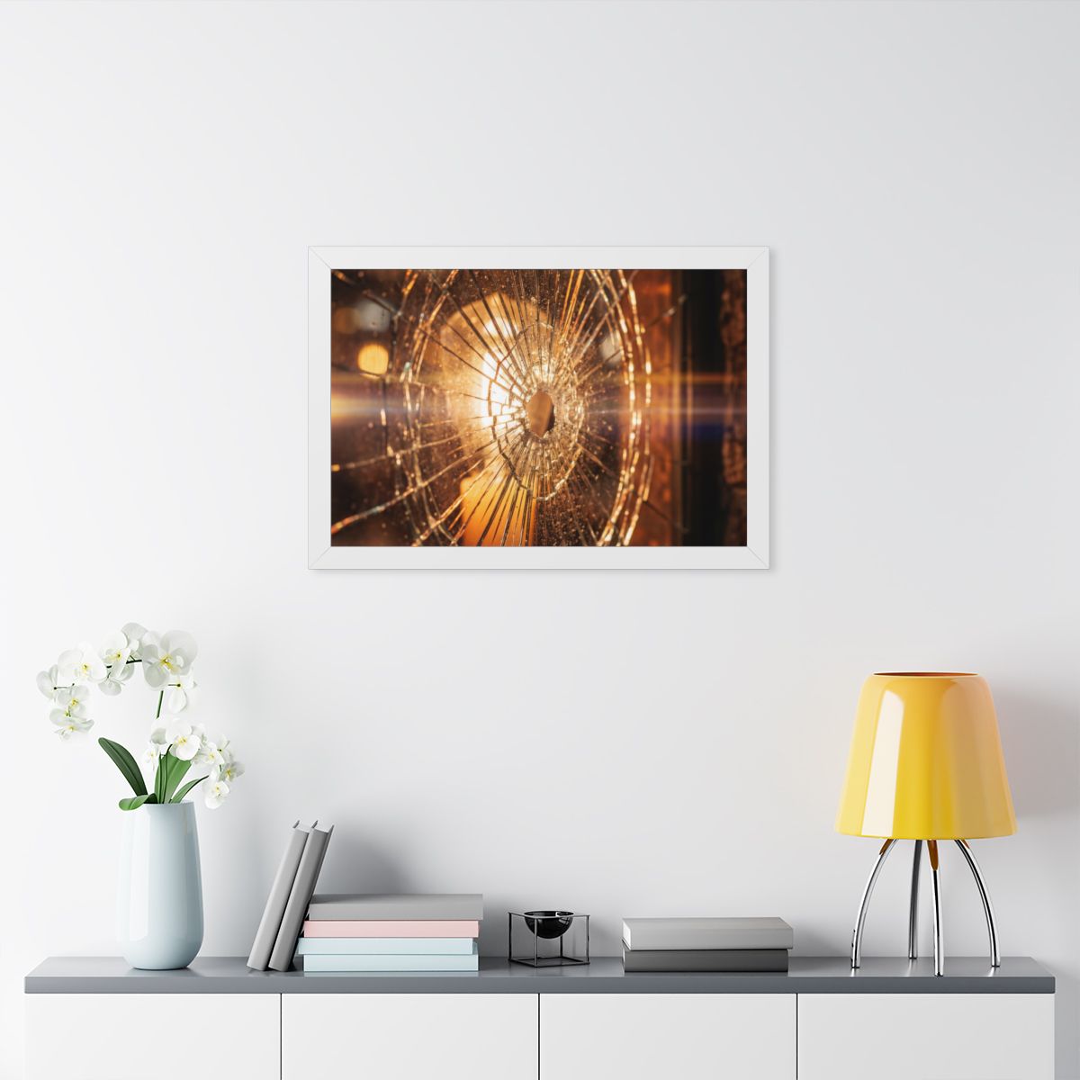 Framed Horizontal Poster - Shattered Amber Glass Art — White...