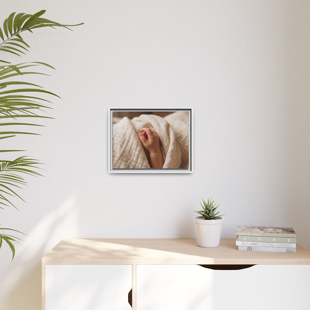 Matte Canvas, Framed - Tender Newborn Hand in Soft Muslin......