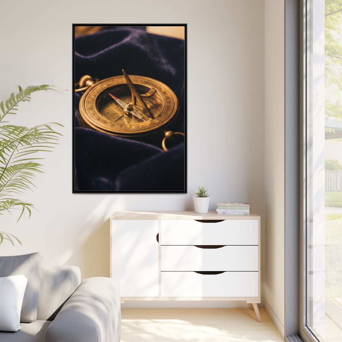 Framed Canvas Portrait Brass Sundial Art
