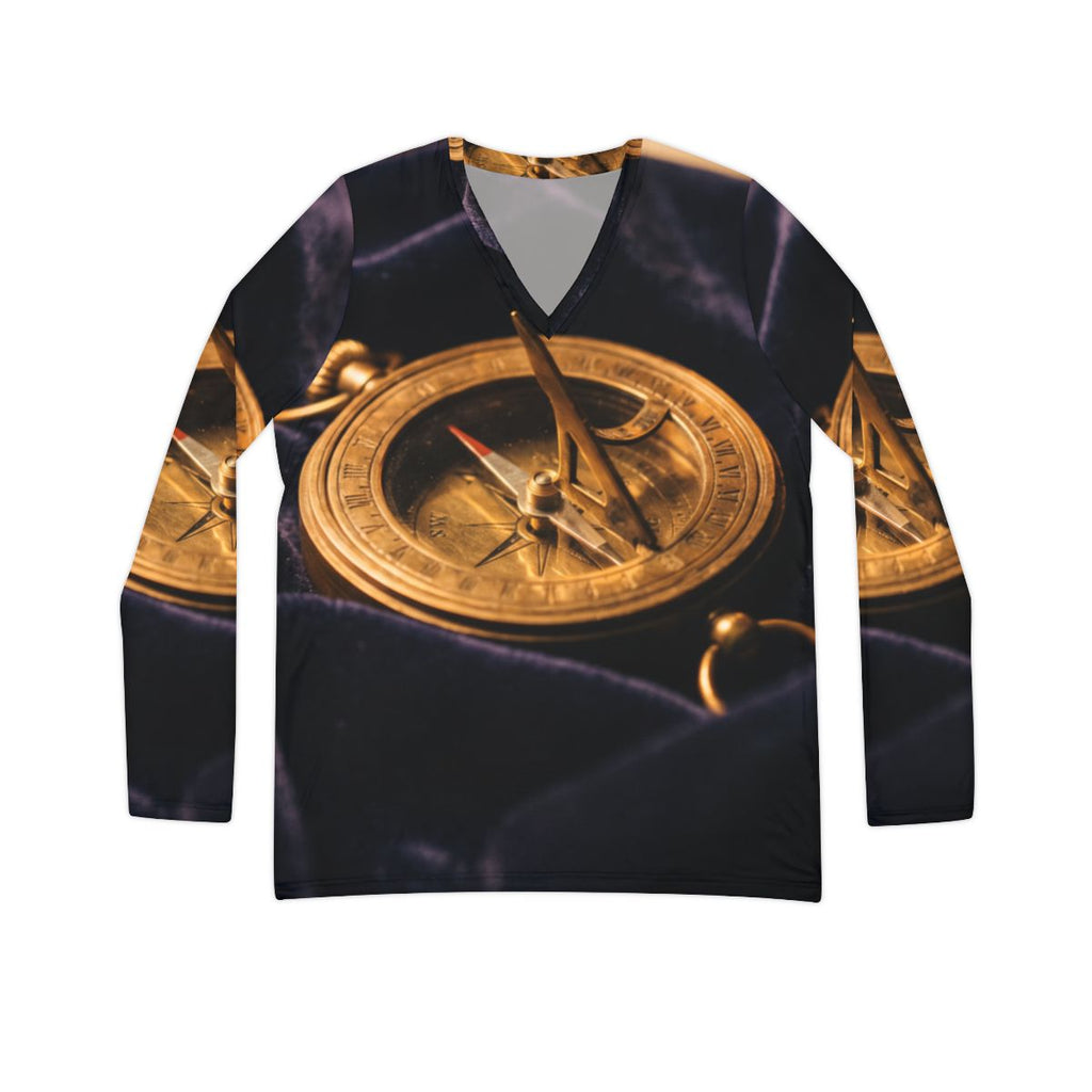 Women's V-Neck Shirt with Brass Sundial Art