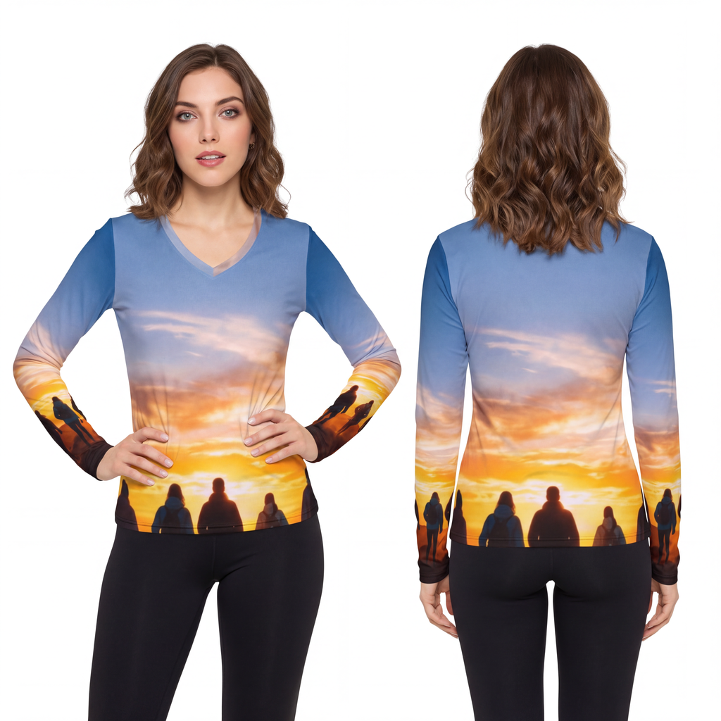 Women's V-Neck Shirt - Sunset Mountain | Echovira Gallery