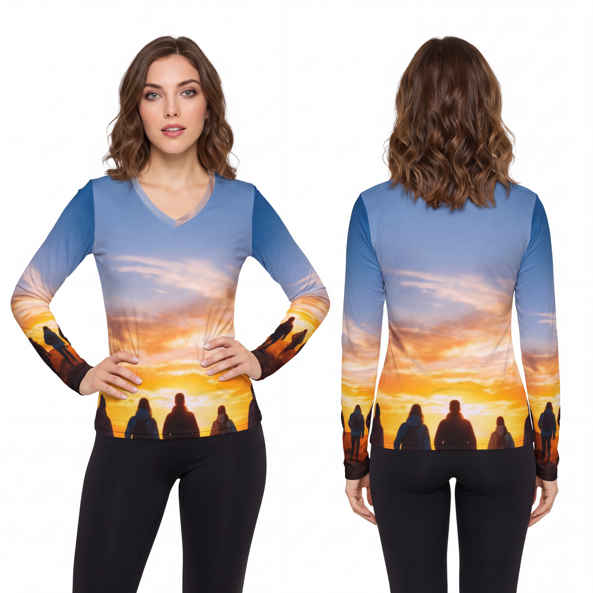 Women's V-Neck Shirt - Sunset Mountain | Echovira Gallery