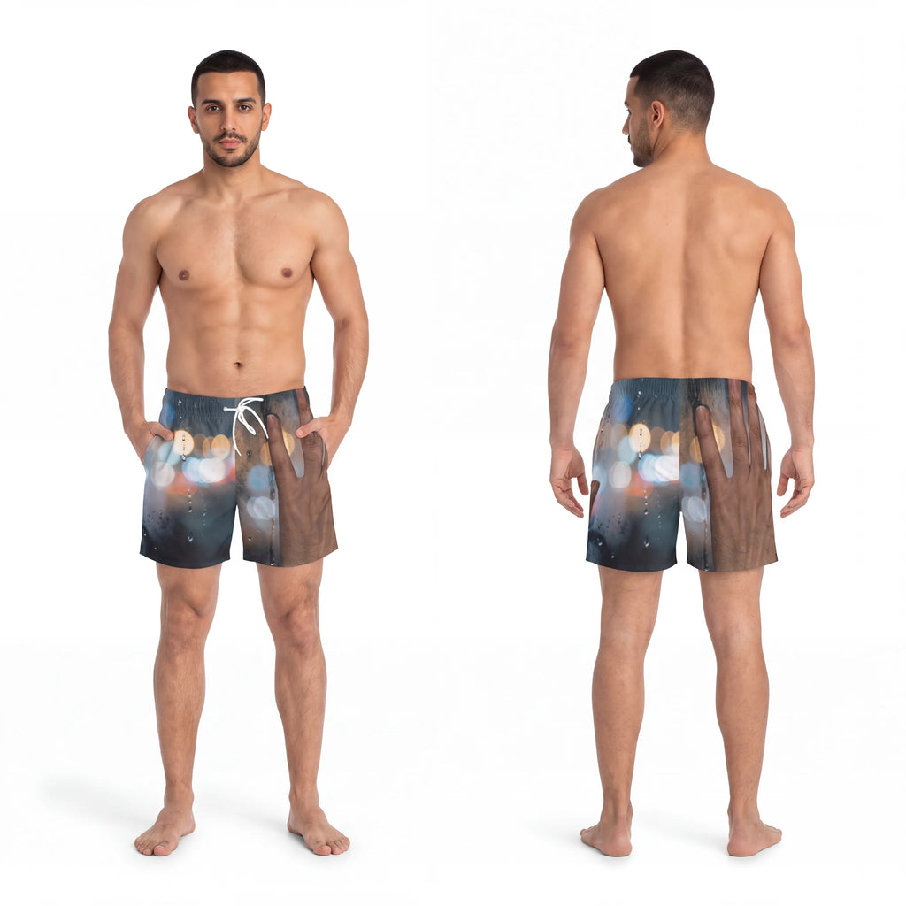 Swim Trunks with Rainy Nocturnal City Art