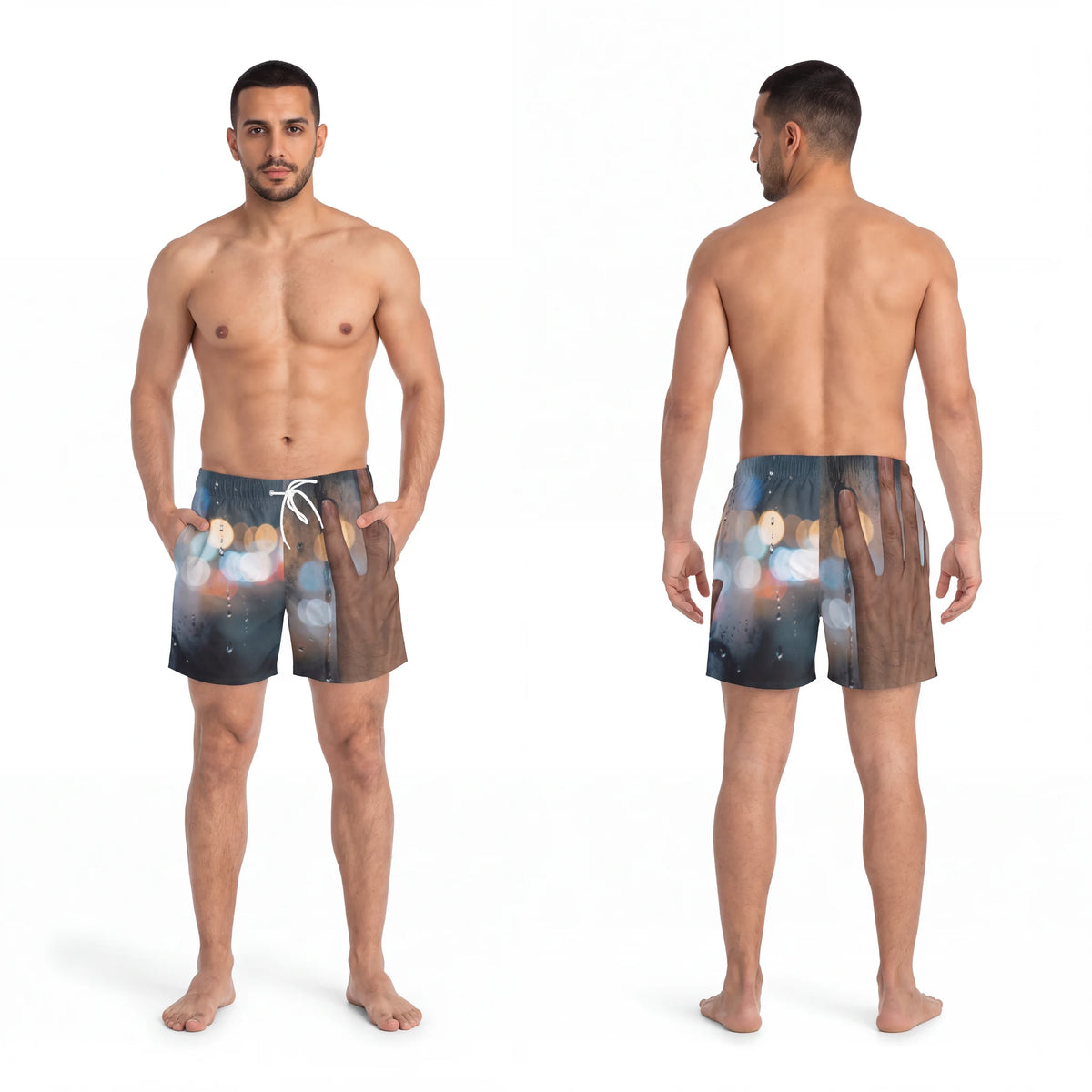Swim Trunks with Rainy Nocturnal City Art