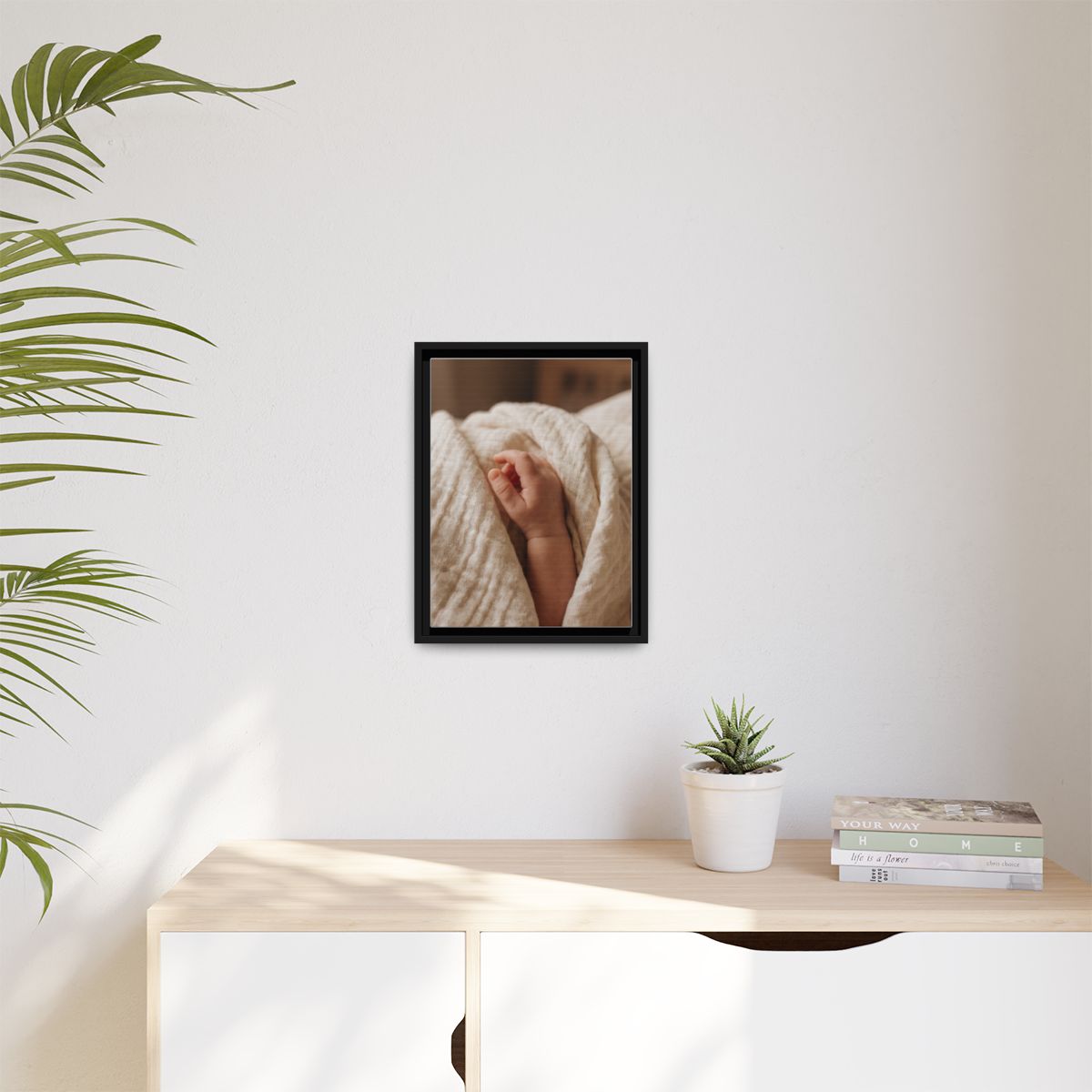 Matte Canvas, Framed - Tender Newborn Hand in Soft Muslin......