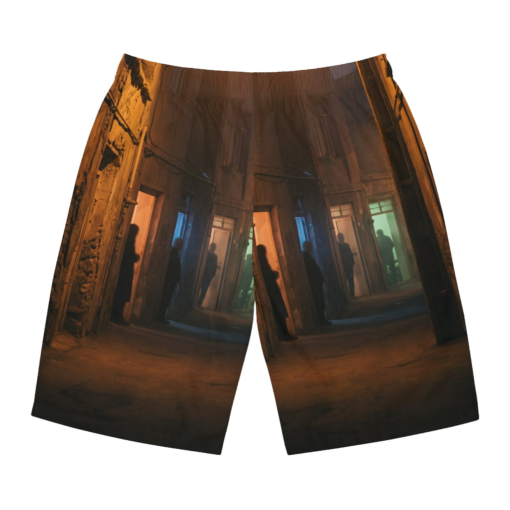 Men's Board Shorts - Shadowed Alleyway Mystery Art Print |...