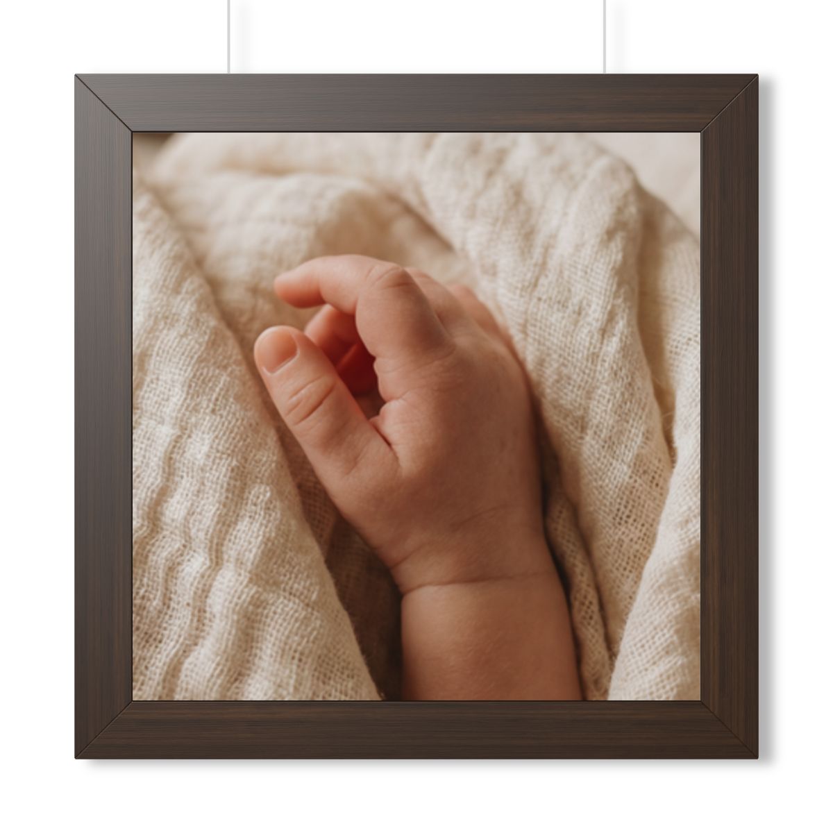Framed Vertical Poster - Tender Newborn Hand in Soft Muslin...