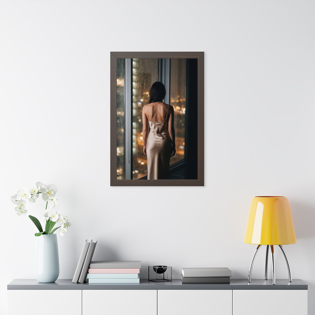 Framed Vertical Poster - Shimmering Rainscape — Walnut... |...