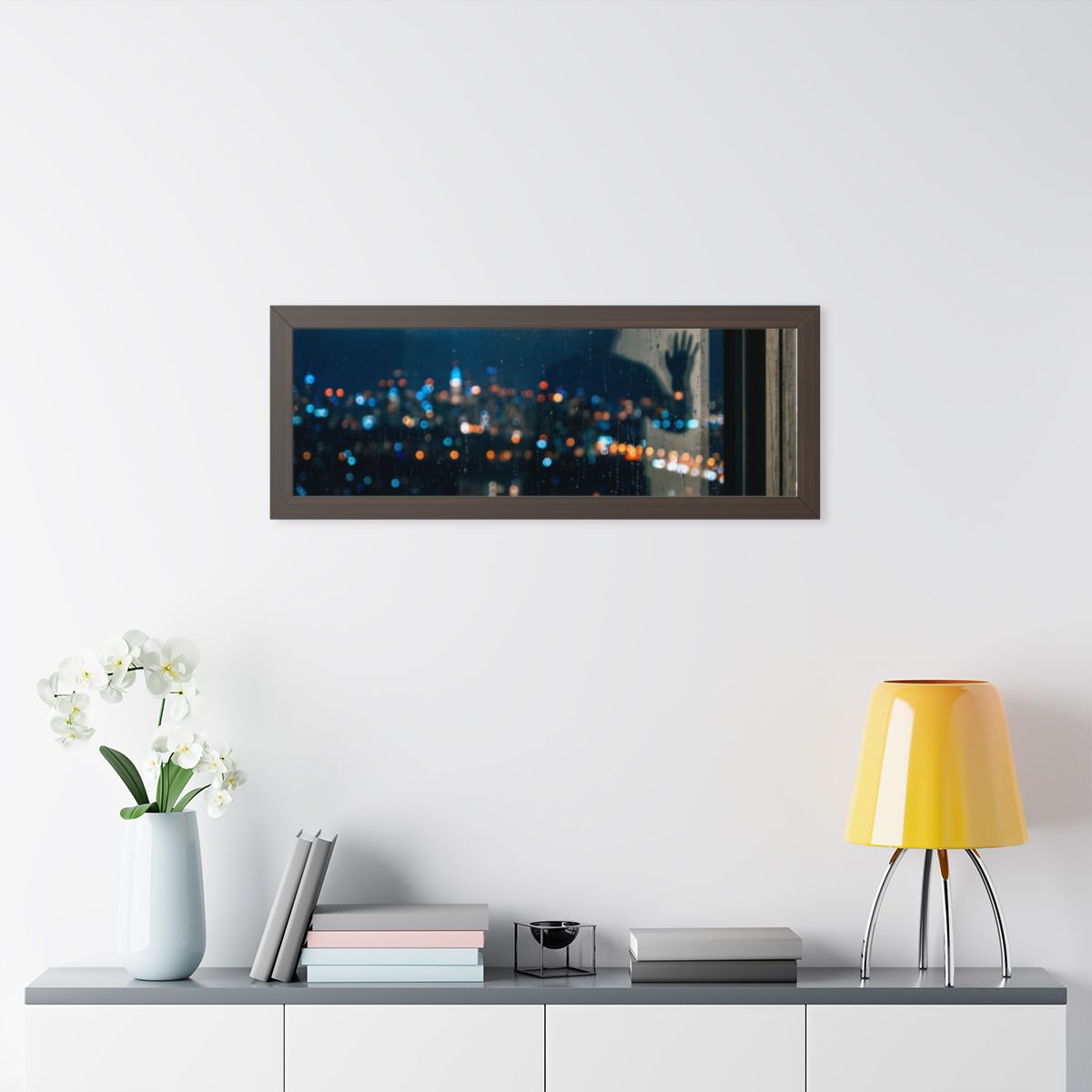 Framed Horizontal Poster - Rainy City Solitude — Walnut... |...