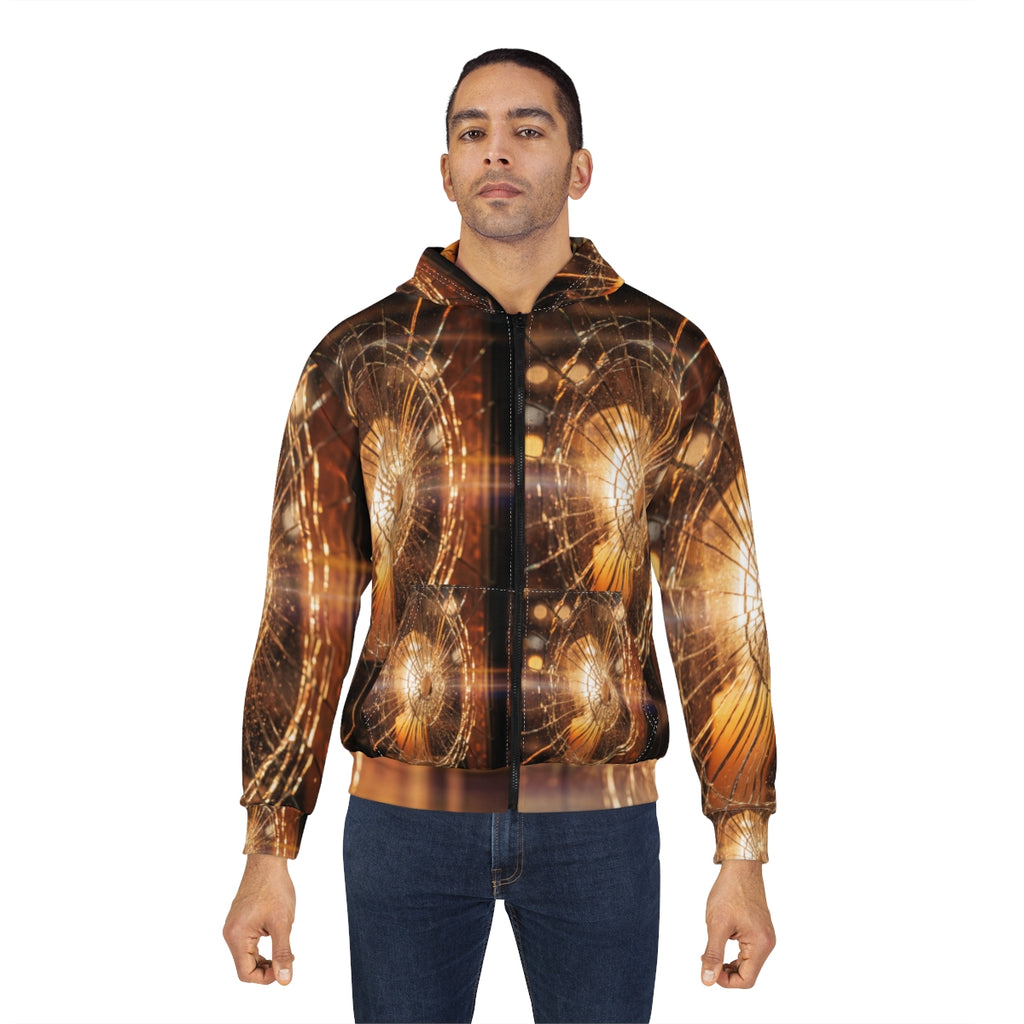 Unisex Zip Hoodie - Golden Fractures Shattered Glass Art |...