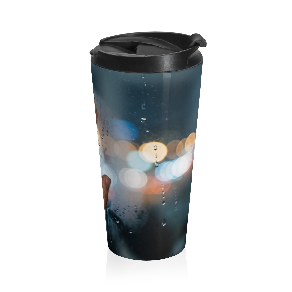 Rainy City Window Travel Mug with Amber Bokeh
