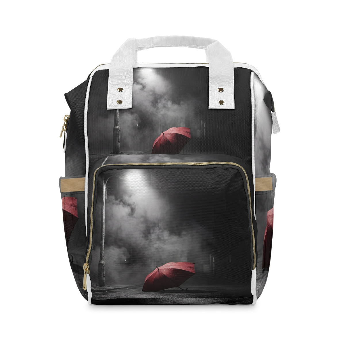 Mochila pañalera con paraguas rojo estilo noir