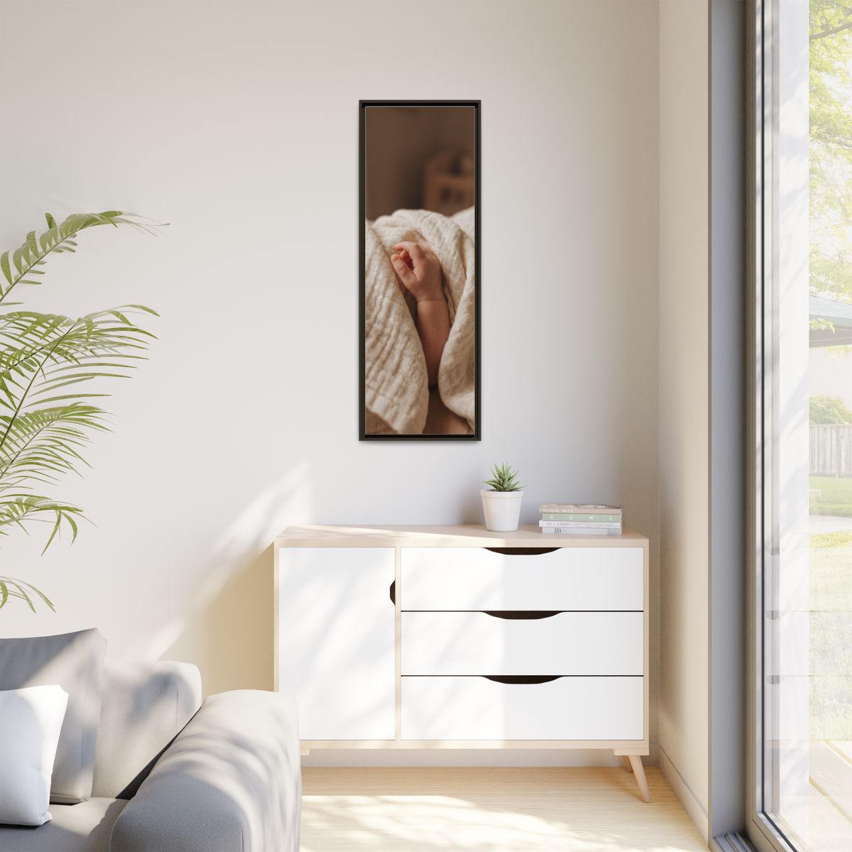 Matte Canvas, Framed - Tender Newborn Hand in Soft Muslin......