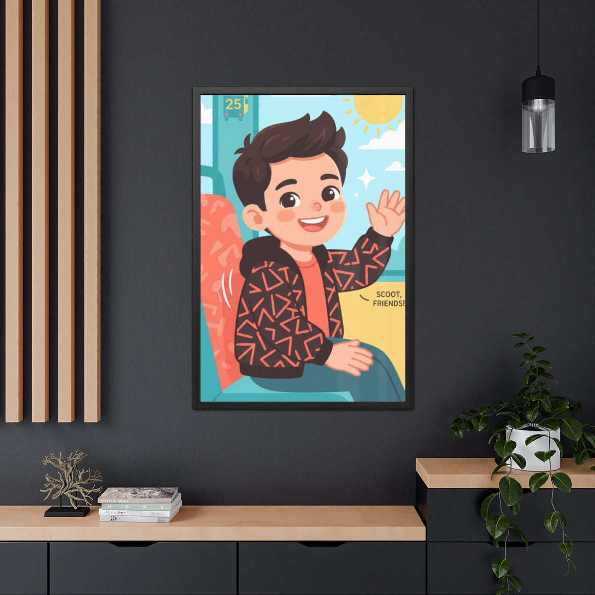 Framed Posters - Sunny Bus Ride Cheerful Boy Illustration —...