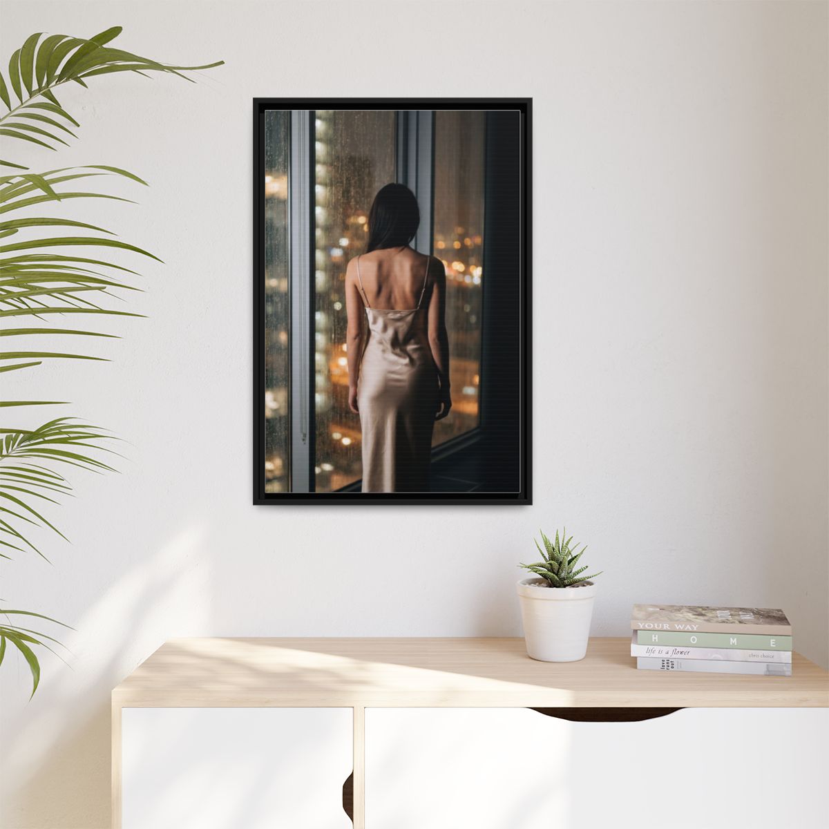 Matte Canvas, Framed - Rainy City lights Glow — Black /... |...