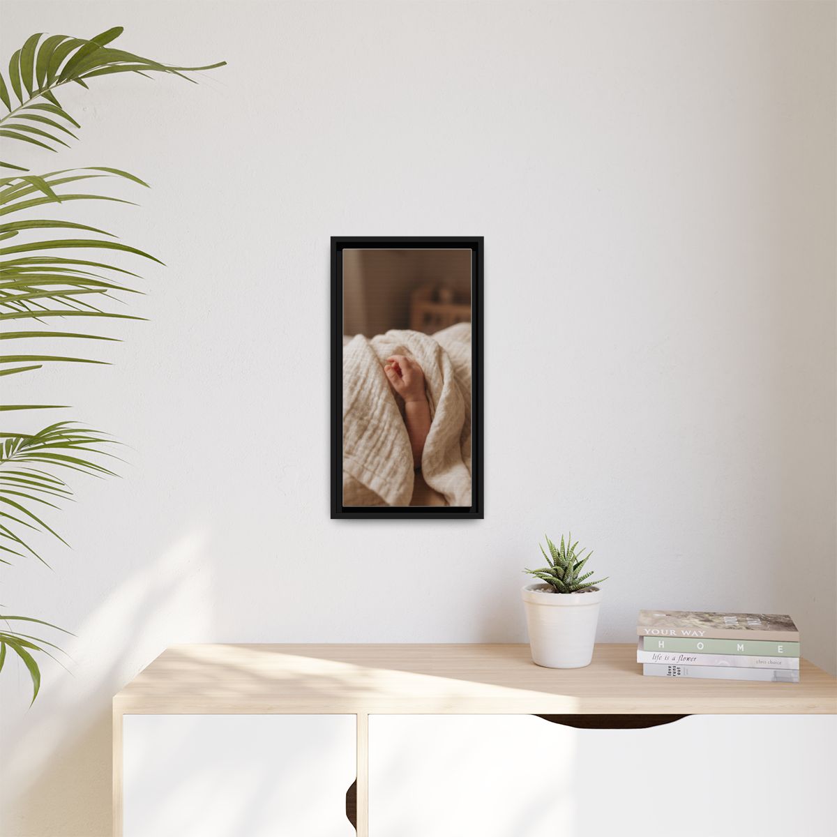 Matte Canvas, Framed - Tender Newborn Hand in Soft Muslin......
