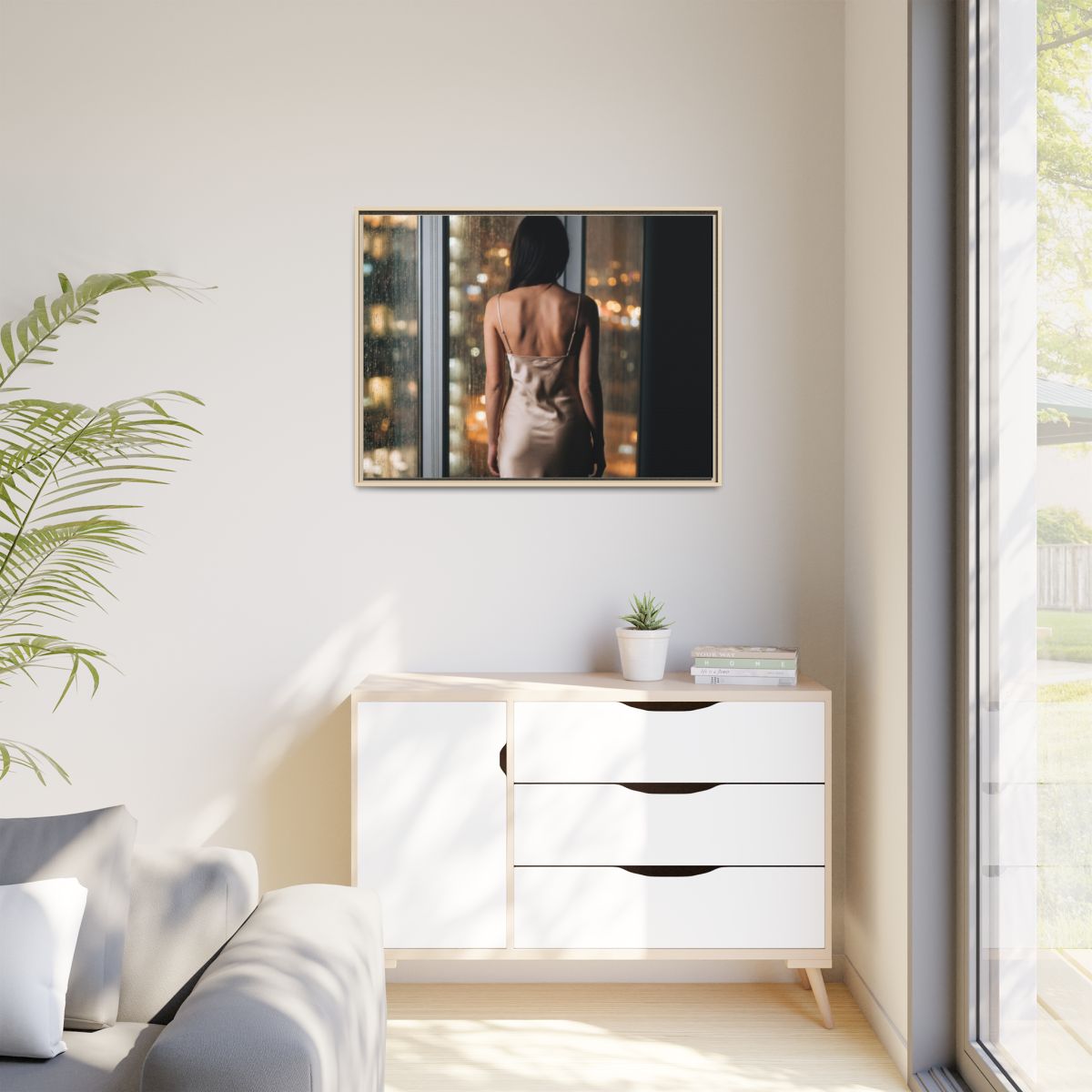 Matte Canvas, Framed - Rainy City lights Glow — Natural /......