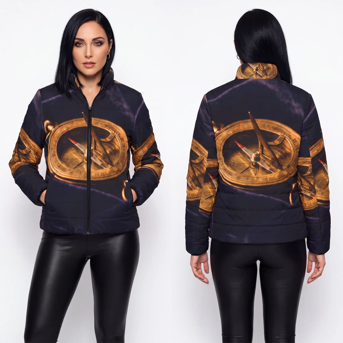 Women's Puffer Jacket Antique Sundial Compass